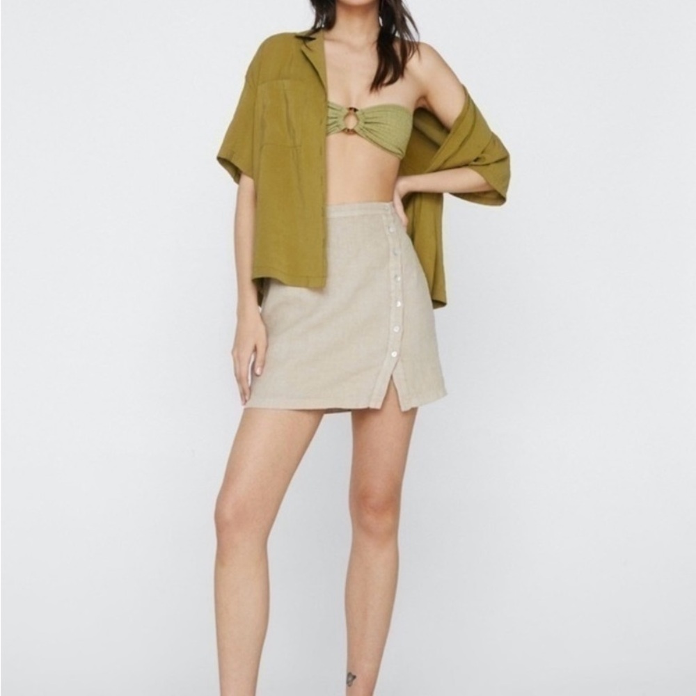NWT NastyGal Button-Front Linen Pelmet Mini Skirt In Beige Size 12